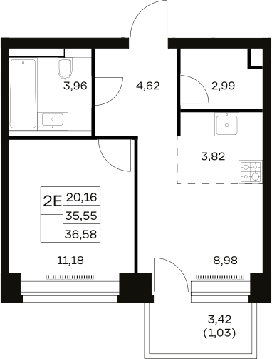 Планировка: Евродвушка 35,6 м² в ЖК «НОВА»