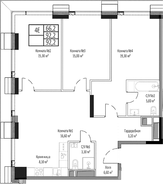 Планировка: Квартира евро-4 92,2 м² в ЖК «Мираполис»