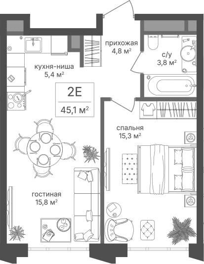 Планировка: Евродвушка 45,1 м² в ЖК «Михалковский»