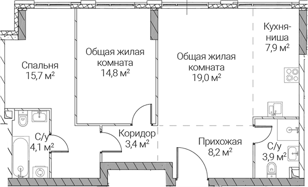 Планировка: Евротрёшка 77 м² в ЖК «СЕЗАР СИЛИКА»