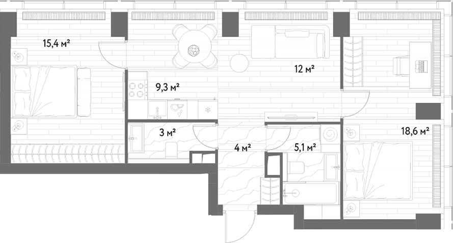 Планировка: Евротрёшка 67,4 м² в ЖК «С5»