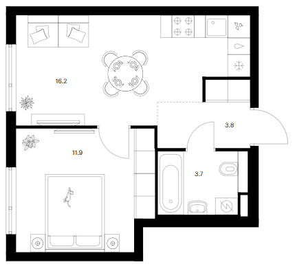 Планировка: 1-комнатная квартира 35,6 м² в ЖК «Белая Дача парк»