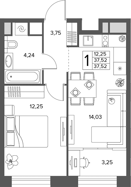 Планировка: 1-комнатная квартира 37,5 м² в ЖК «Городской бор»