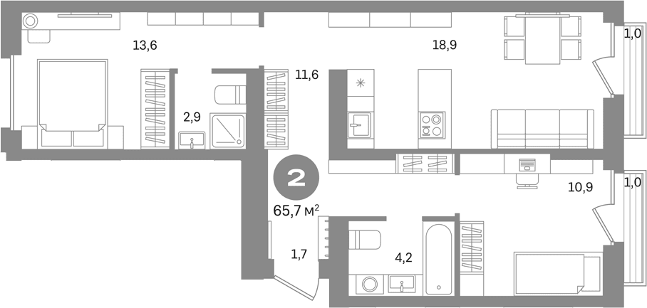 Планировка: 2-комнатная квартира 63,7 м² в ЖК «Первый квартал. Вторая очередь»