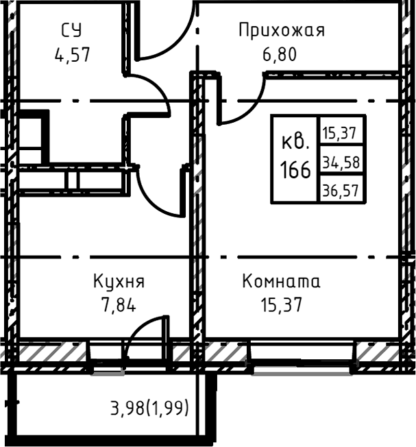 Планировка: 1-комнатная квартира 37,8 м² в ЖК «Высокий Берег»