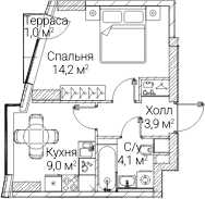 Планировка: 1-комнатная квартира 30,7 м² в ЖК «СЕЗАР БУДУЩЕЕ»