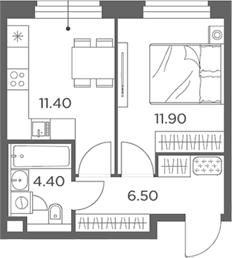 Планировка: 1-комнатная квартира 35,5 м² в ЖК «Белый Град»