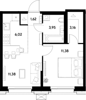 Планировка: Евродвушка 37,5 м² в ЖК «ЭВО»