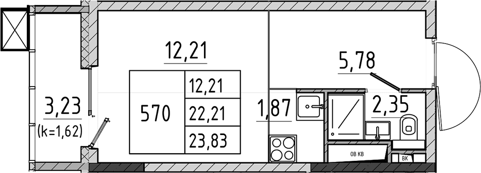 Планировка: Студия 22,2 м² в ЖК «Поварово-Молодежный-2»