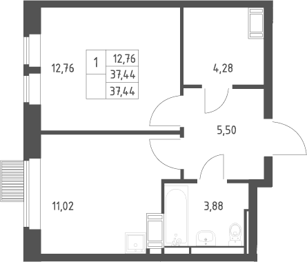 Планировка: 1-комнатная квартира 37,4 м² в ЖК «Большое Путилково»