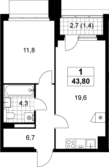 Планировка: Евродвушка 42,4 м² в ЖК «Деснаречье»