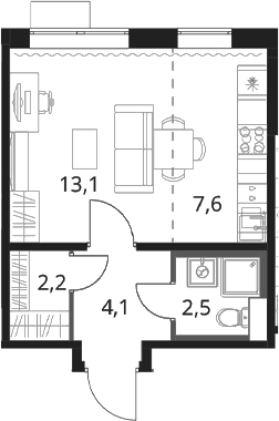 Планировка: Студия 29,5 м² в ЖК «1-й Шереметьевский»