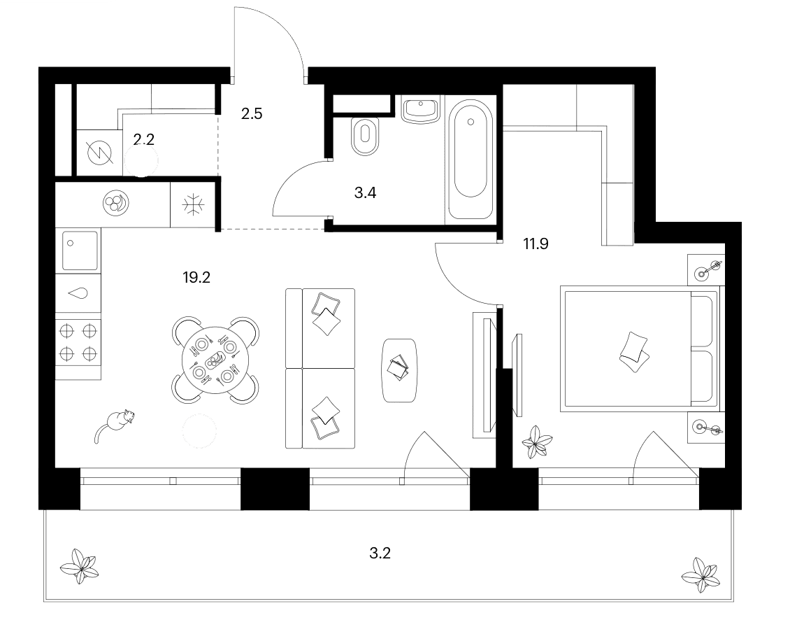 Планировка: 1-комнатная квартира 39,2 м² в ЖК «Строгино 360»