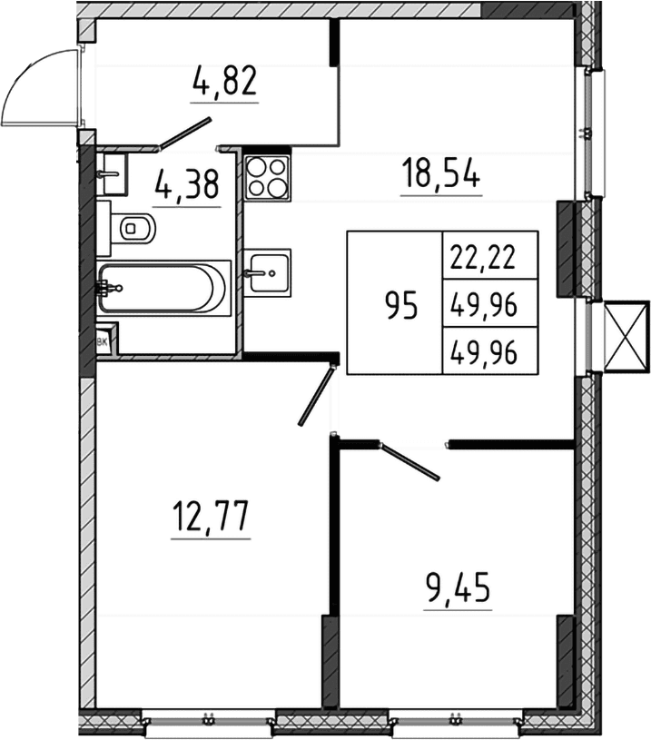 Планировка: Евротрёшка 50 м² в ЖК «Поварово-Молодежный-2»