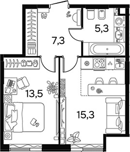 Планировка: 1-комнатная квартира 41,4 м² в ЖК «Вавилова 64»