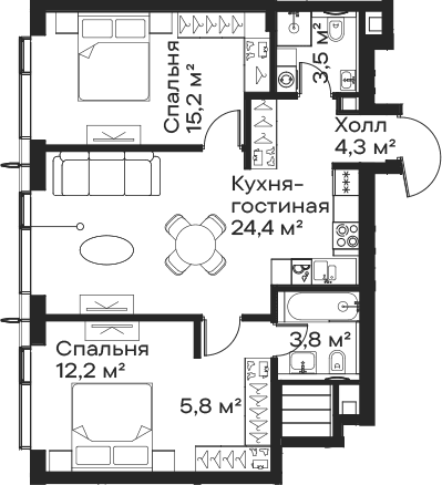 Планировка: Евротрёшка 69,2 м² в ЖК «Сити Бэй»