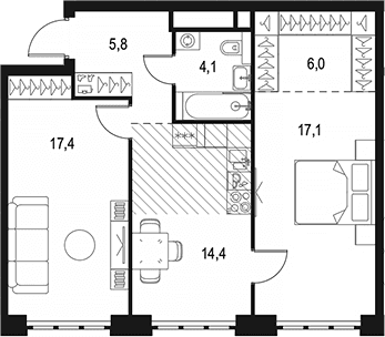 Планировка: 2-комнатная квартира 64,8 м² в ЖК «Левел Южнопортовая»