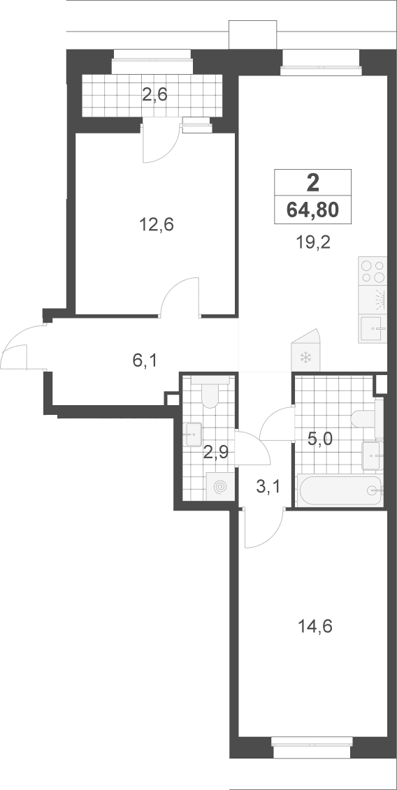 Планировка: Евротрёшка 63,5 м² в ЖК «Деснаречье»