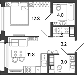 Планировка: 1-комнатная квартира 36,3 м² в ЖК «Гений»