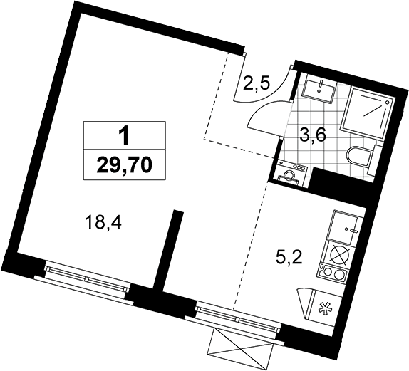 Планировка: Студия 29,7 м² в ЖК «Прокшино»