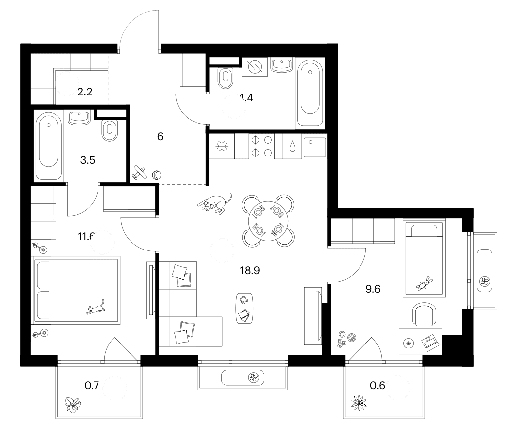 Планировка: 2-комнатная квартира 56,2 м² в ЖК «Зеленый парк»