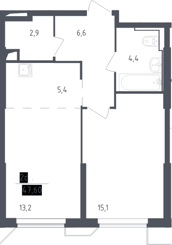 Планировка: Евродвушка 47,6 м² в ЖК «Скай Спутник»