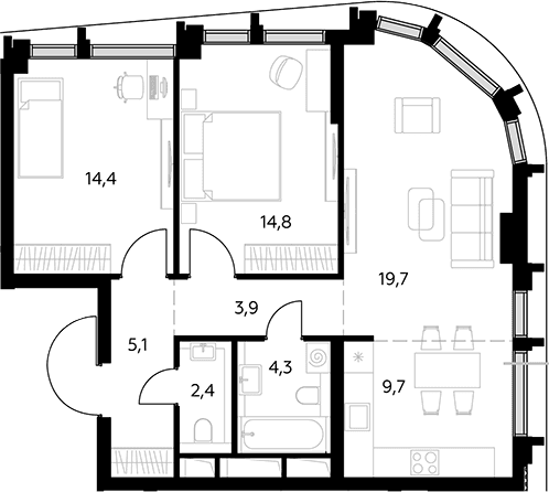 Планировка: Евротрёшка 74,3 м² в ЖК «Дом 56»