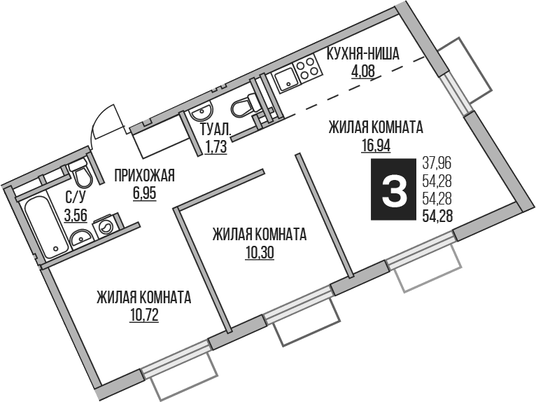 Планировка: Евротрёшка 54,3 м² в ЖК «Гранель Аникеевский»