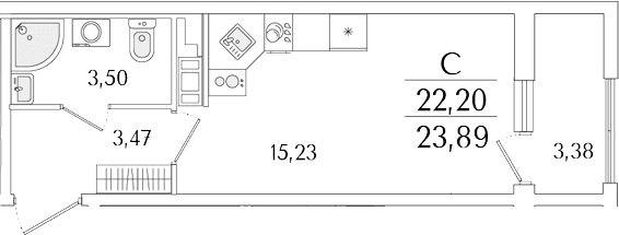 Планировка: Студия 22,2 м² в ЖК «Гранат»
