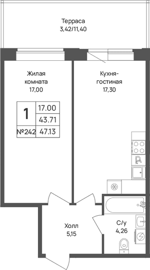Планировка: 1-комнатная квартира 43,7 м² в ЖК «Капральский берег»