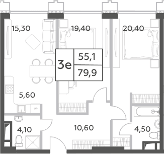 Планировка: Евротрёшка 79,9 м² в ЖК «Will Towers»