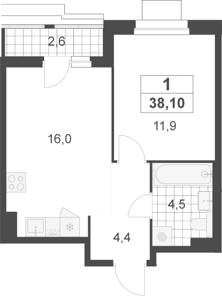 Планировка: Евродвушка 36,8 м² в ЖК «Деснаречье»