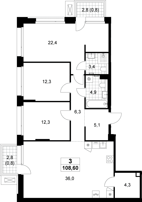 Планировка: Квартира евро-4 107 м² в ЖК «Хольм»