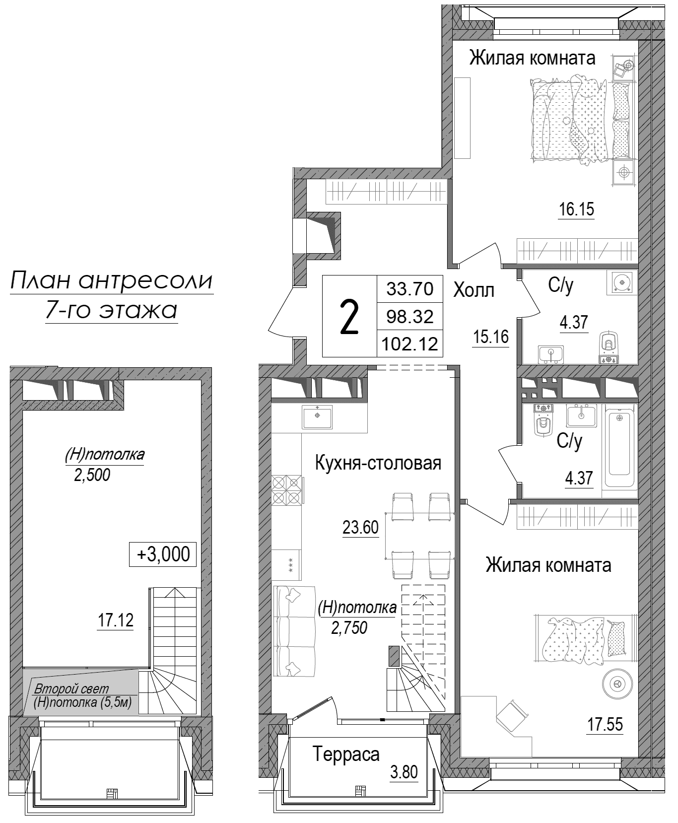 Планировка: 2-комнатная квартира 99,3 м² в ЖК «АРТ»