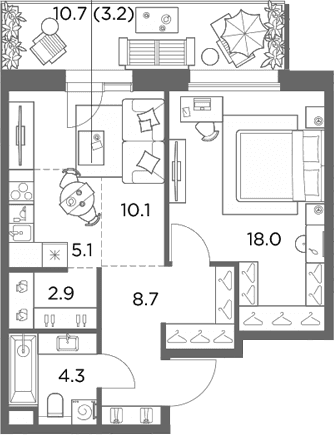 Планировка: Евродвушка 49,1 м² в ЖК «Станиславский»