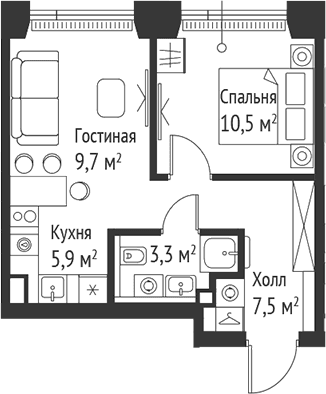 Планировка: Евродвушка 36,9 м² в ЖК «СЕТ»