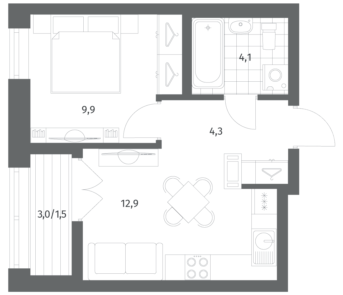 Планировка: 1-комнатная квартира 31,2 м² в ЖК «Новый Питер»