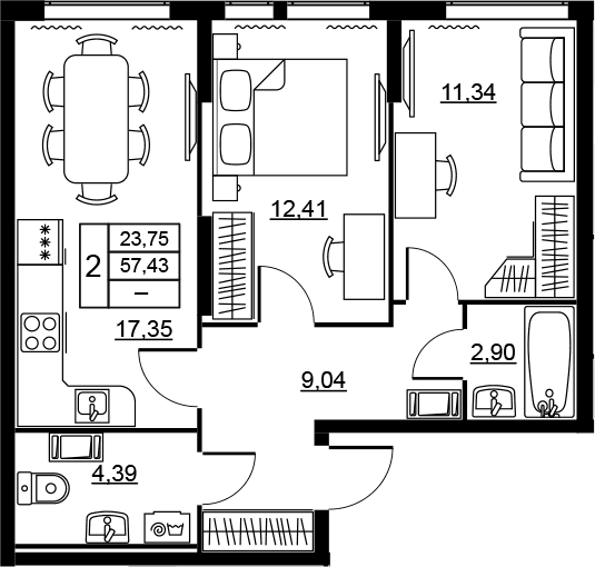Планировка: Евротрёшка 57,4 м² в ЖК «Высота. Новодевяткино»