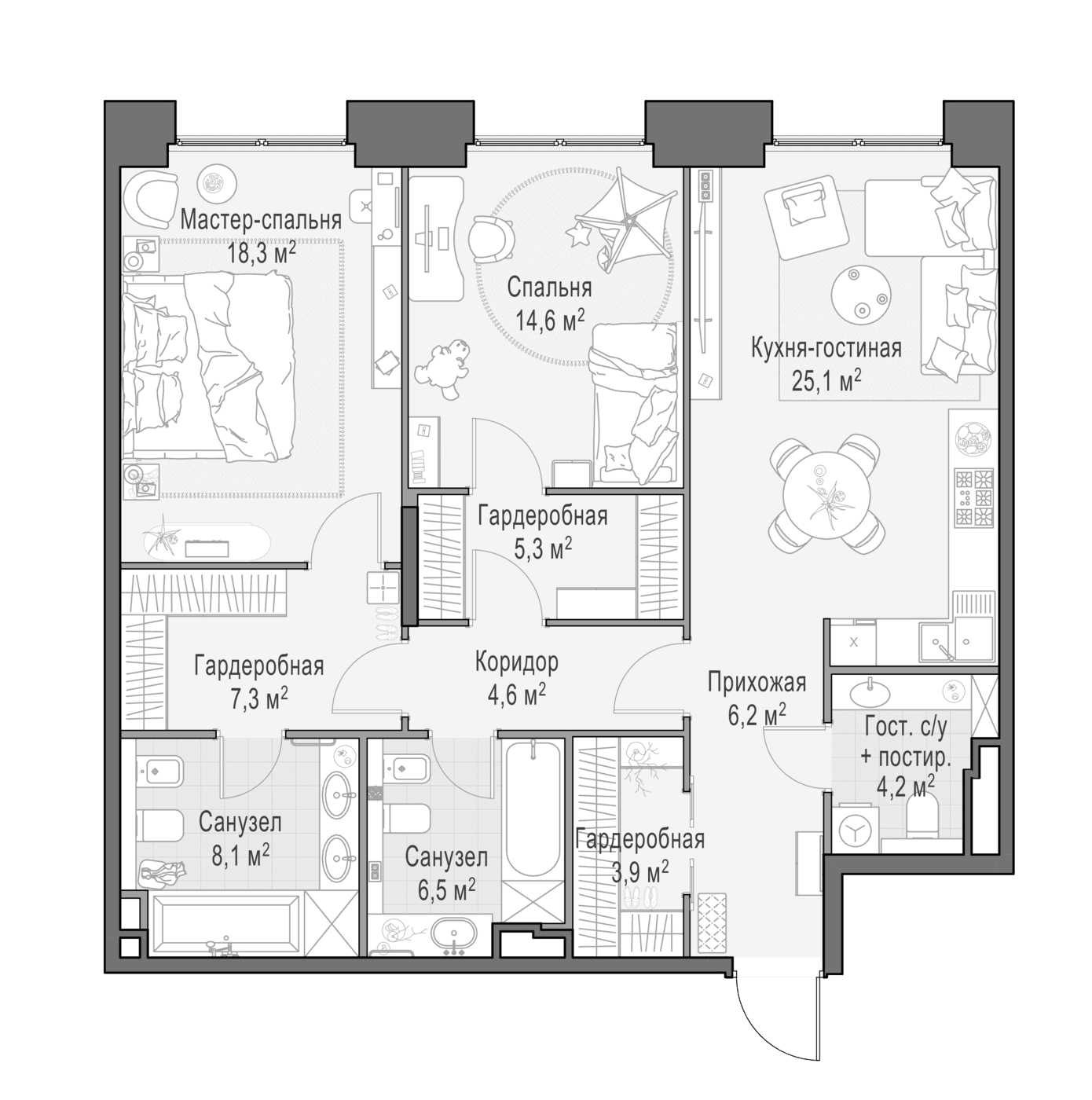 Планировка: Евротрёшка 105,7 м² в ЖК «Квартал Life Time»