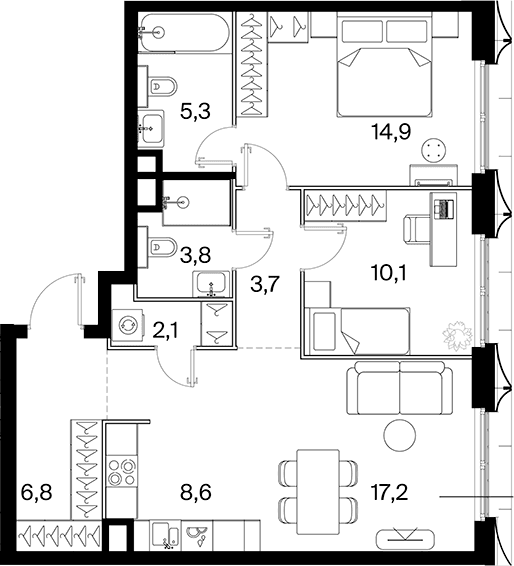Планировка: Евротрёшка 72,3 м² в ЖК «26 ПАРКВЬЮ»