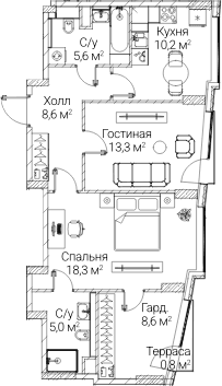 Планировка: 2-комнатная квартира 68,7 м² в ЖК «СЕЗАР БУДУЩЕЕ»