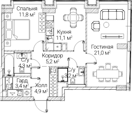 Планировка: 2-комнатная квартира 64,6 м² в ЖК «СЕЗАР БУДУЩЕЕ»