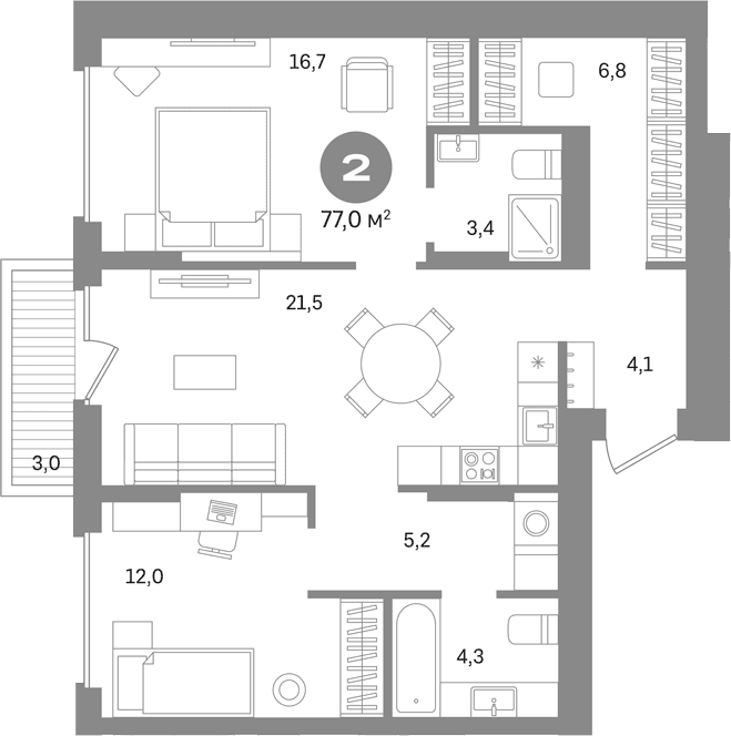 Планировка: 2-комнатная квартира 74 м² в ЖК «Первый квартал. Вторая очередь»