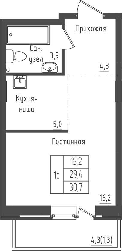 Планировка: Студия 29,4 м² в ЖК «Зеленый город»