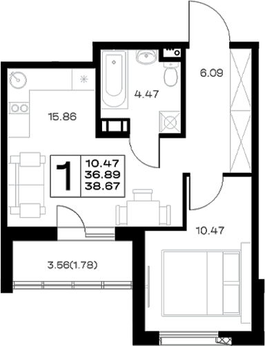 Планировка: Евродвушка 36,9 м² в ЖК «Борский»