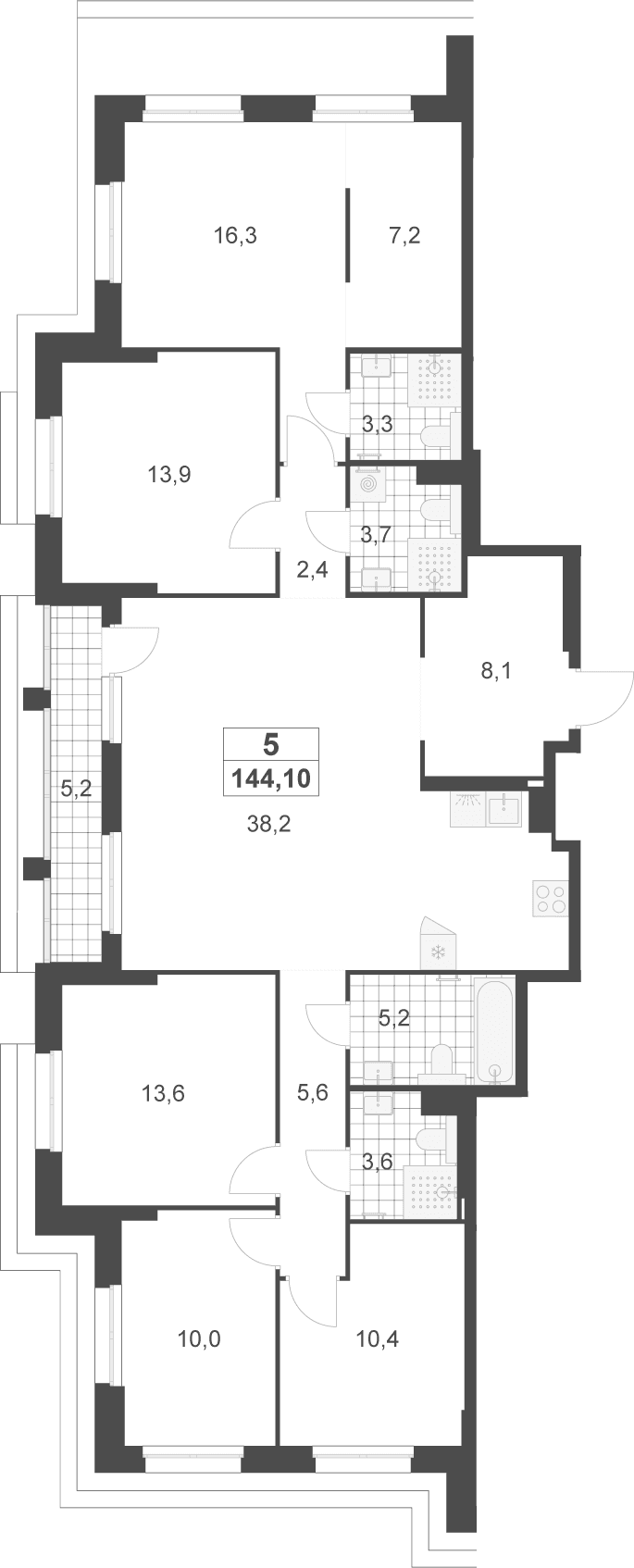 Планировка: 5-комнатная квартира 141,5 м² в ЖК «Деснаречье»