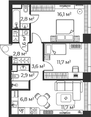 Планировка: Евротрёшка 60,1 м² в ЖК «Веер»