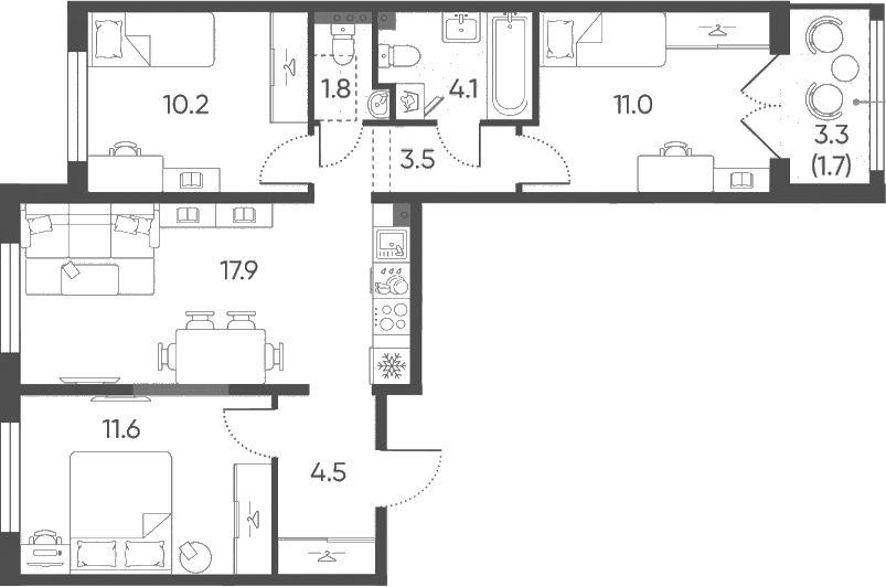 Планировка: Квартира евро-4 64,6 м² в ЖК «Пулково Лейк»