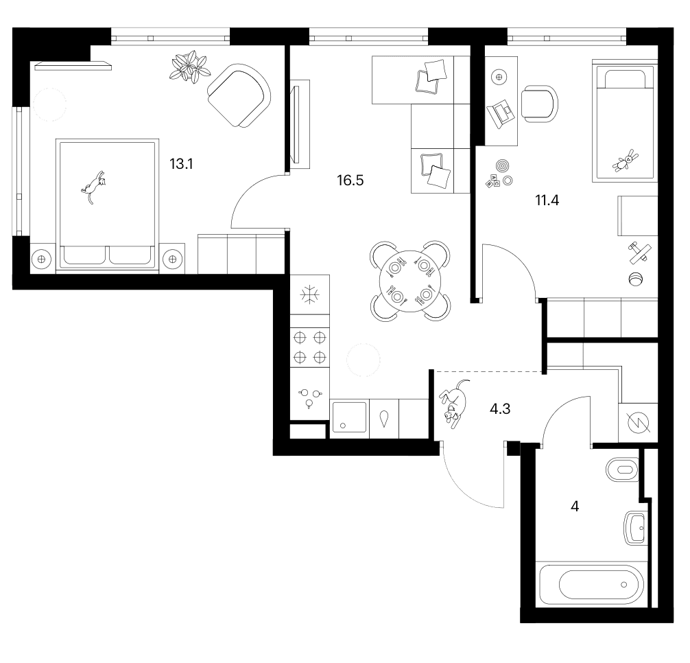 Планировка: 2-комнатная квартира 49,3 м² в ЖК «Зеленый парк»
