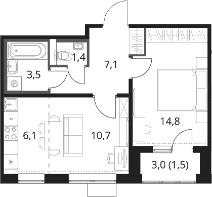 Планировка: Евродвушка 43,6 м² в ЖК «1-й Шереметьевский»
